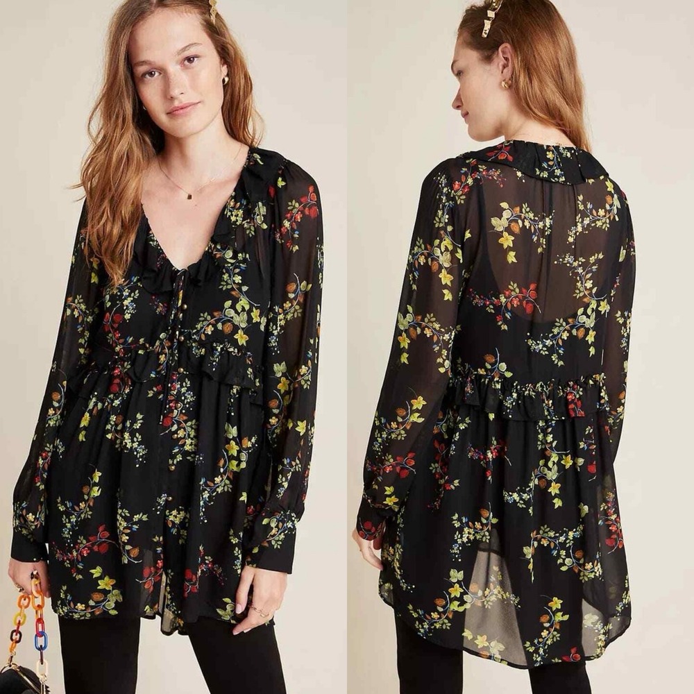 Anthropologie Floral Sheer‎ Jamison Tunic Top Black Size XS
